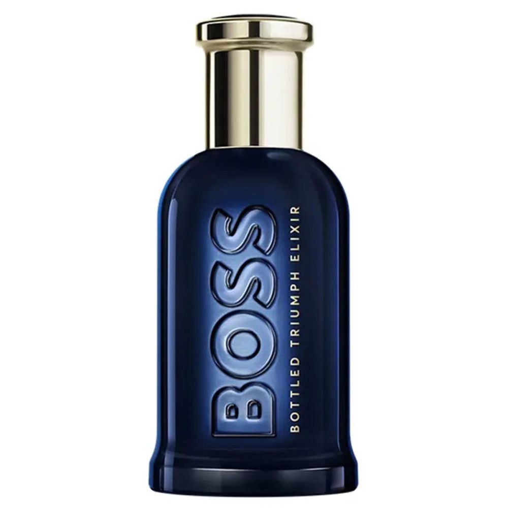 Dunkelblauer Flakon mit goldfarbenem Verschluss. Geprägter BOSS-Schriftzug. Aufschrift: BOTTLED TRIUMPH ELIXIR.