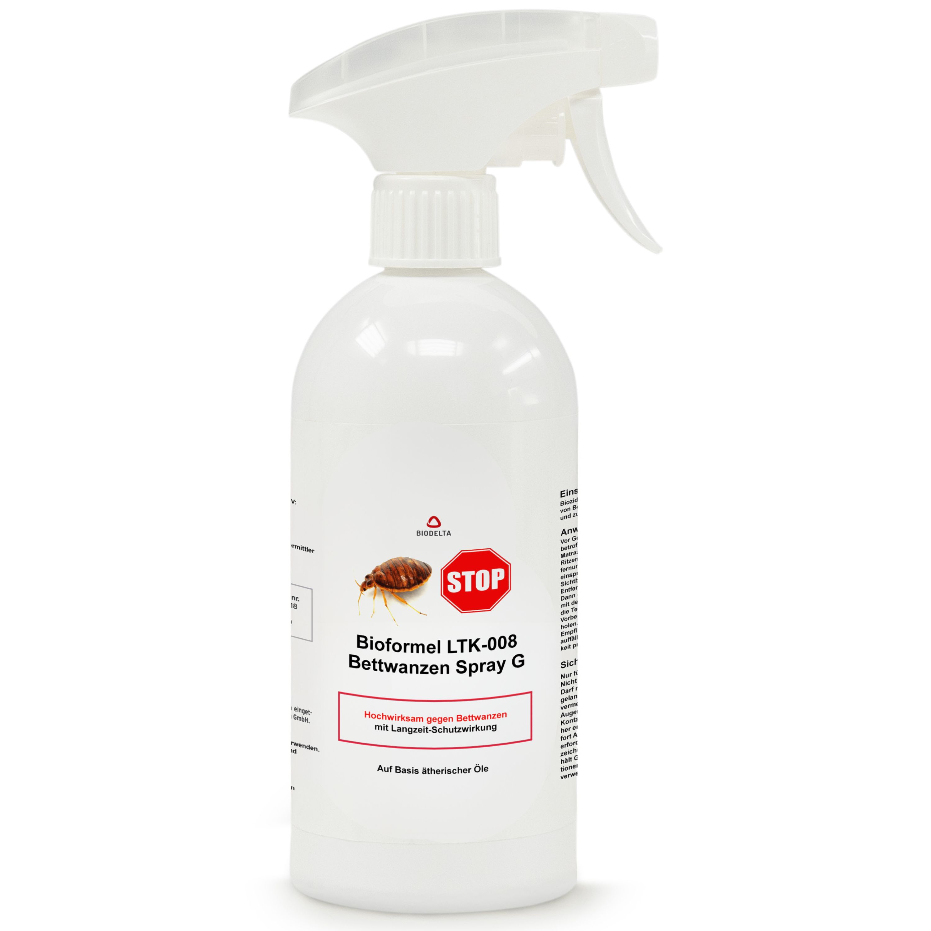 Weiße Sprühflasche. Text: Bioformel LTK-008 Bettwanzenspray G. Auf Basis ätherischer Öle.