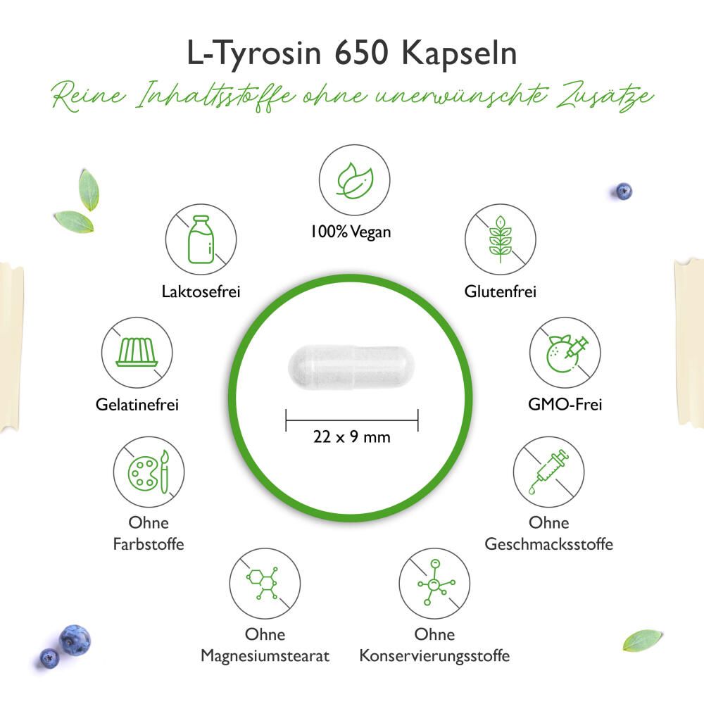 Kapsel in der Mitte, umgeben von Symbolen. Text: L-Tyrosin 650 Kapseln. Reine Inhaltsstoffe. 22x9 mm. Vegan, laktosefrei, glutenfrei, ohne Farbstoffe.