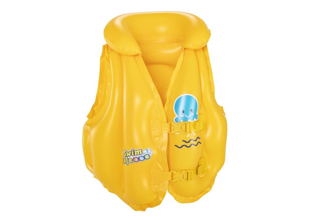 Gelbe Schwimmweste mit blauem Oktopus-Motiv und Wellen. Mit Schnallen und dem Schriftzug Swim Safe.
