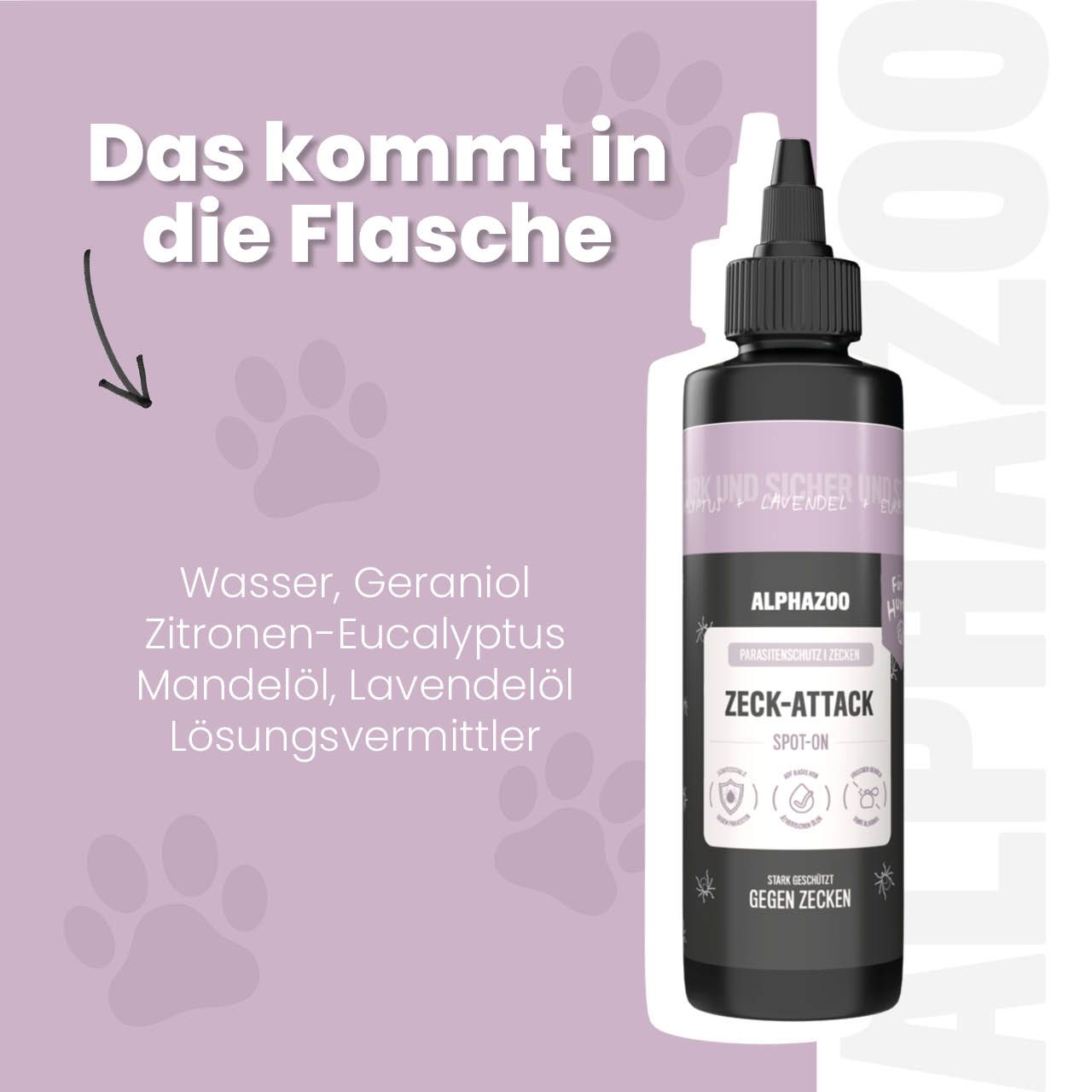 Produktflasche mit Inhaltsstoffen: Wasser, Geraniol, Zitronen-Eucalyptus, Mandelöl, Lavendelöl, Lösungsmittel.