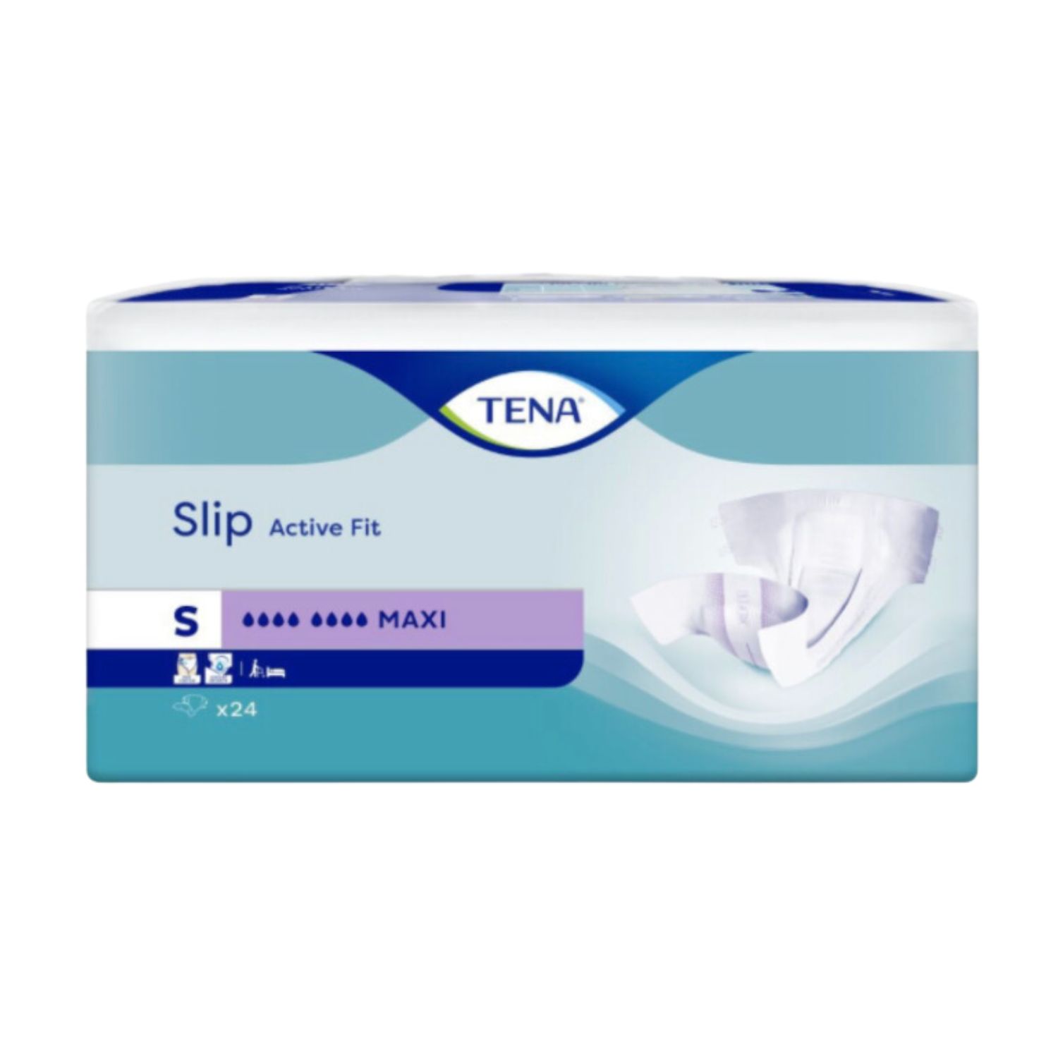 Verpackung von TENA Slip Active Fit Maxi. Blau-weiß. Mit Produktabbildung. Größe S, Maxi. x24 Stück.