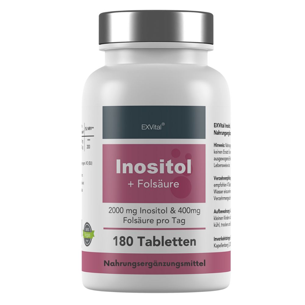 Weiße Flasche mit silbernem Deckel. Aufschrift: Inositol + Folsäure, 180 Tabletten. EXVital Logo.
