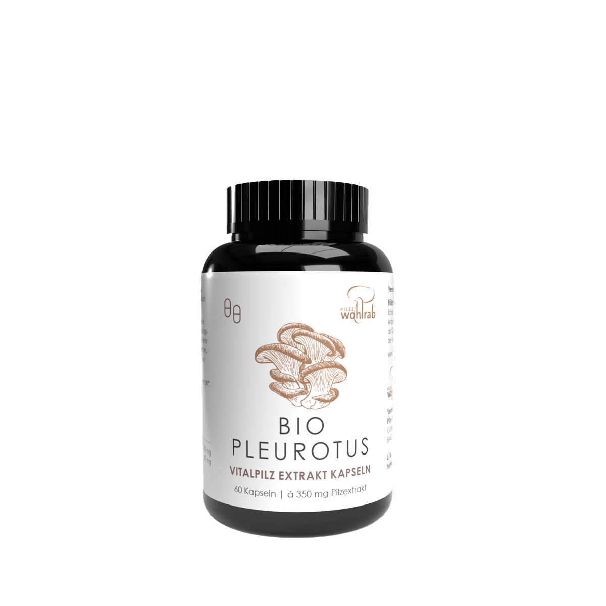Schwarze Dose mit BIO PLEUROTUS Vitalpilz Extrakt Kapseln. Enthält 60 Kapseln à 350 mg.