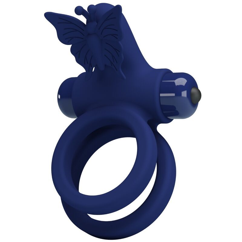 Blauer Doppelring mit Schmetterling-Design. Zwei Ringe, Vibrationsmodul und Schmetterling-Dekor.