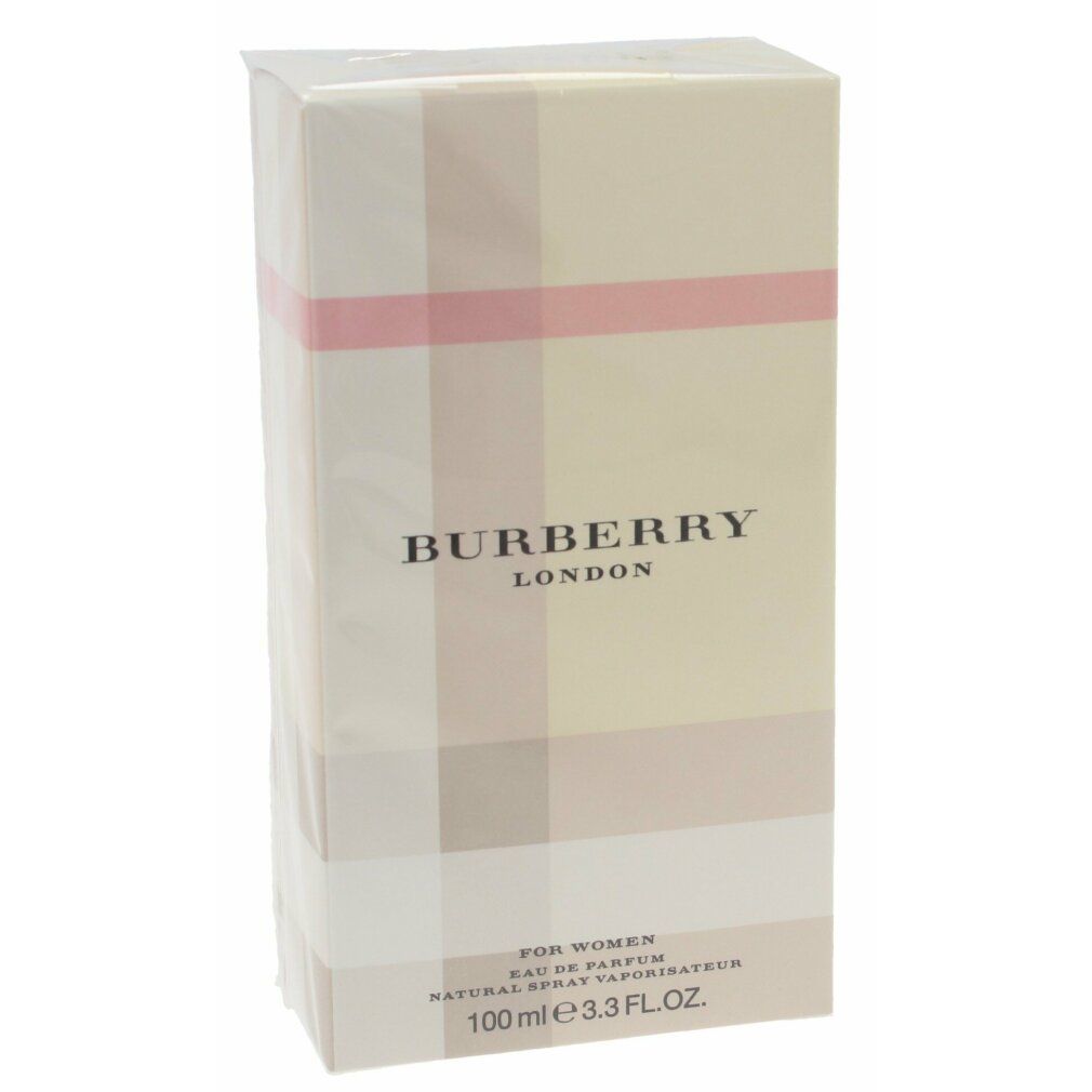 Burberry London Eau de Parfum für Damen. Rechteckige Verpackung mit Karomuster und Markenlogo. 100 ml.