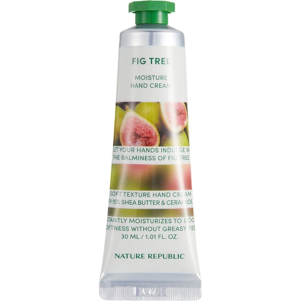 Creme-Tube mit grünem Deckel. Aufschrift: Fig Tree Moisture Hand Cream. Abbildung von Feigen. Marke: NATURE REPUBLIC.