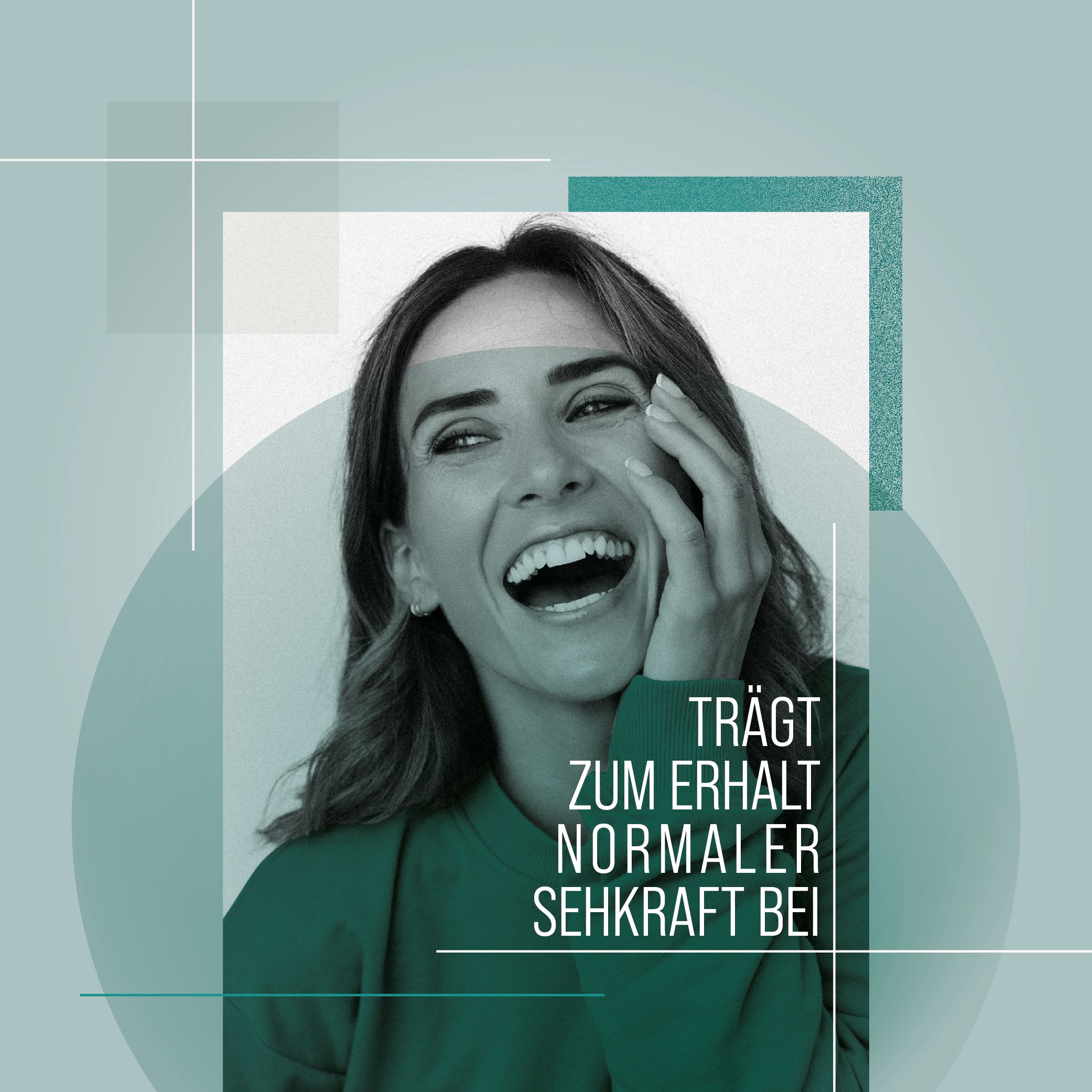 Eine Frau lacht. Text: Trägt zum Erhalt normaler Sehkraft bei.