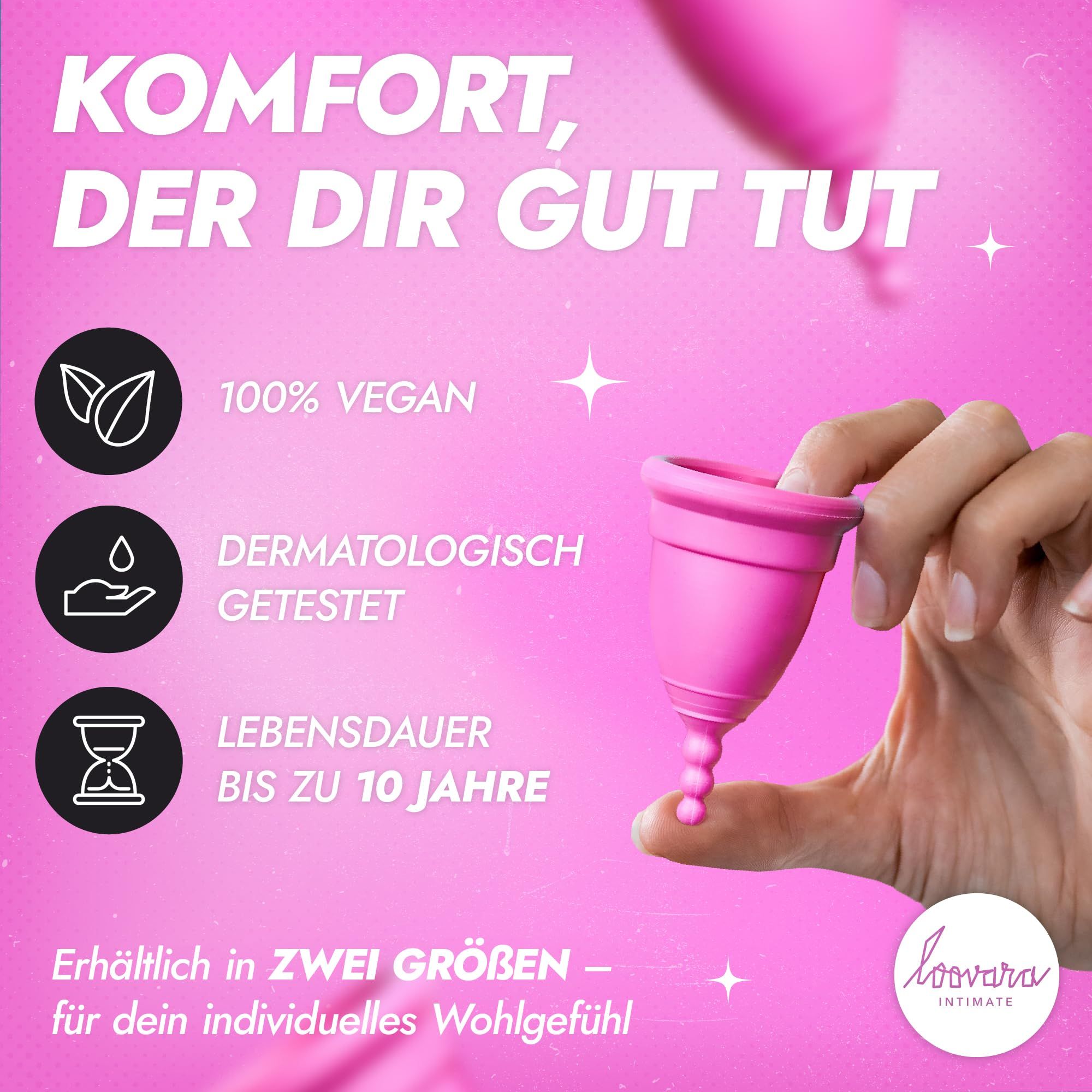 Rosa Menstruationstasse aus Naturkautschuk, Größe L. 100% vegan, dermatologisch getestet.