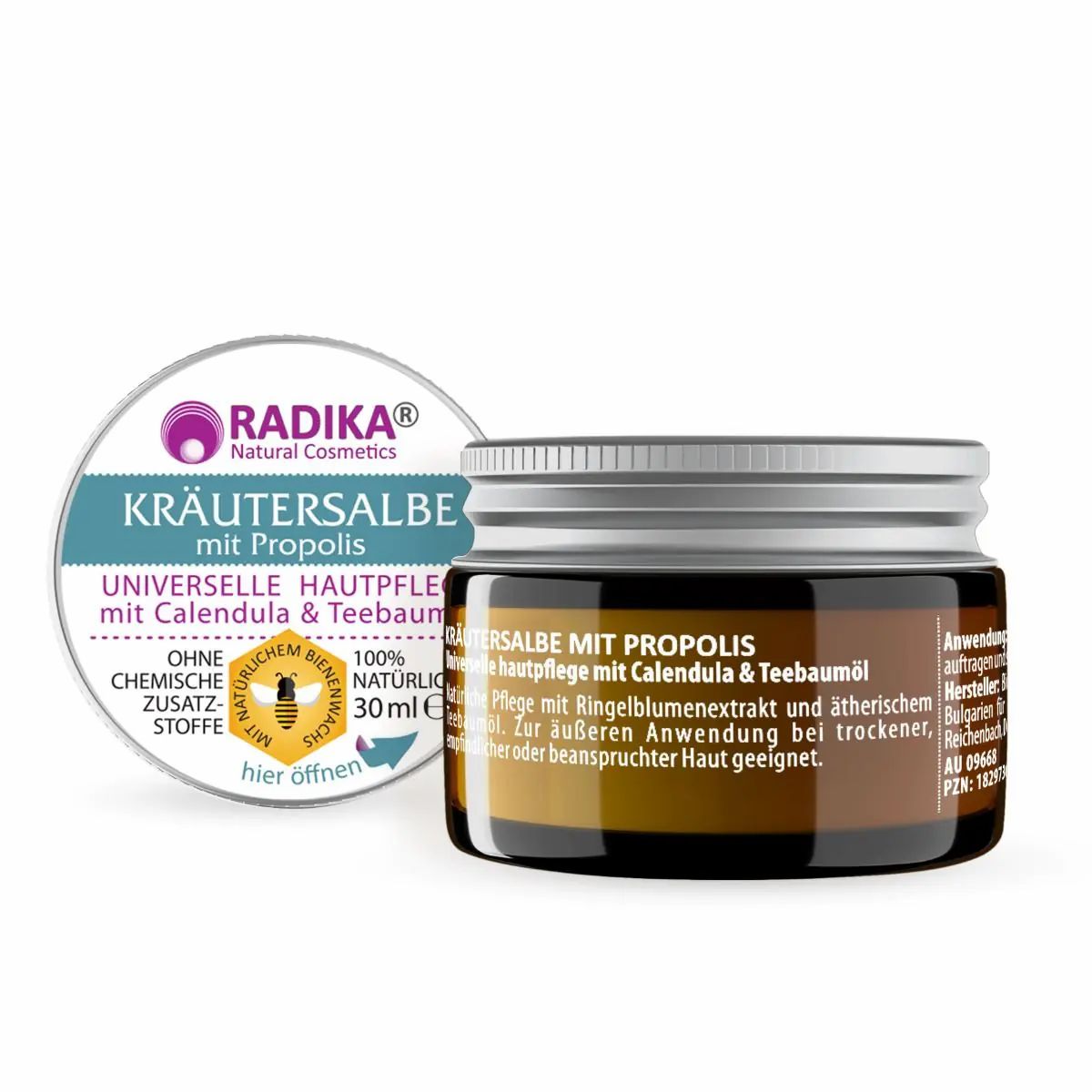Braunes Glas mit silbernem Deckel und Aufkleber. Aufschrift: Kräutersalbe mit Propolis, 30ml. Aufkleber mit Logo und Text.