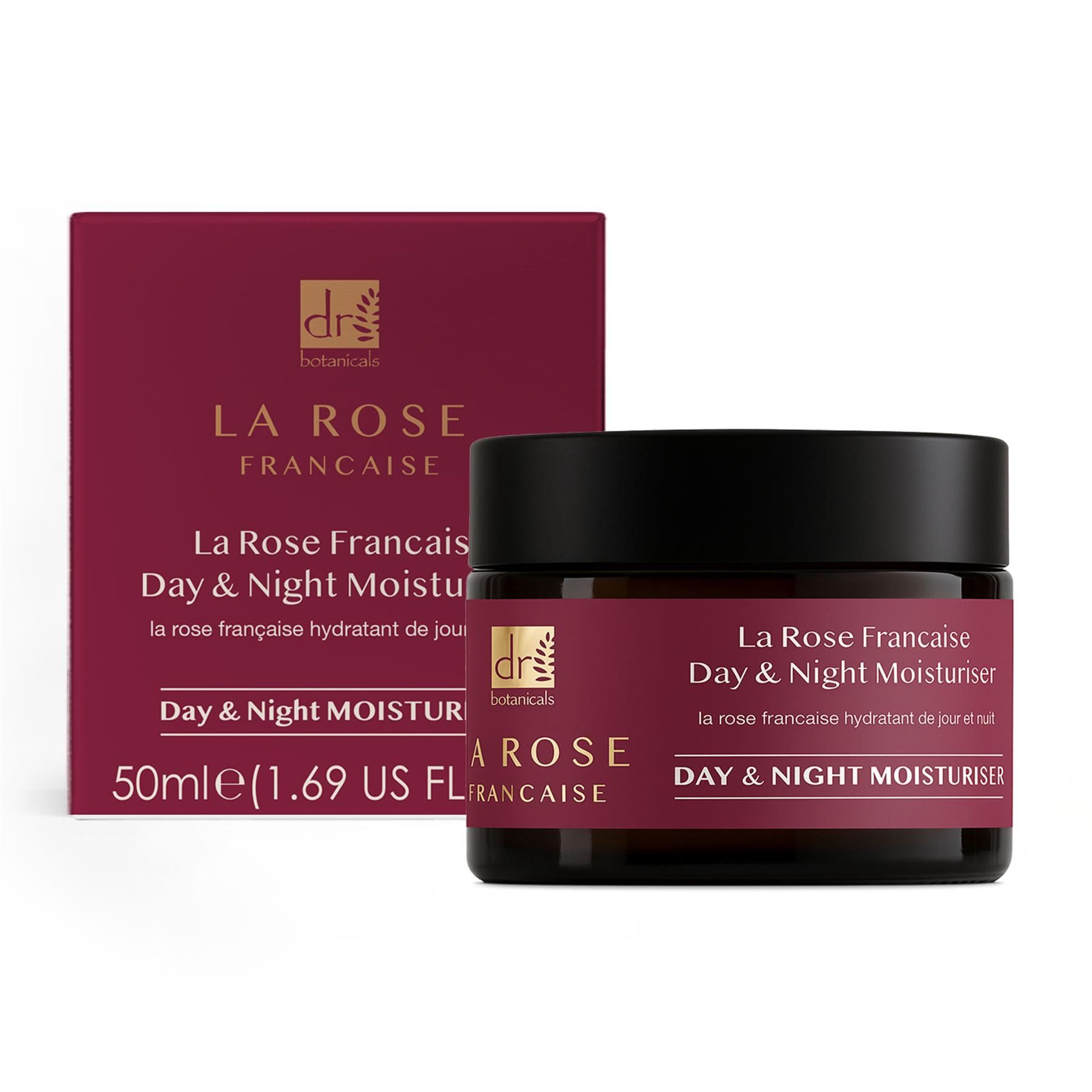 Dr. Botanicals La Rose Française Tages- und Nachtcreme im Glas mit Umverpackung.