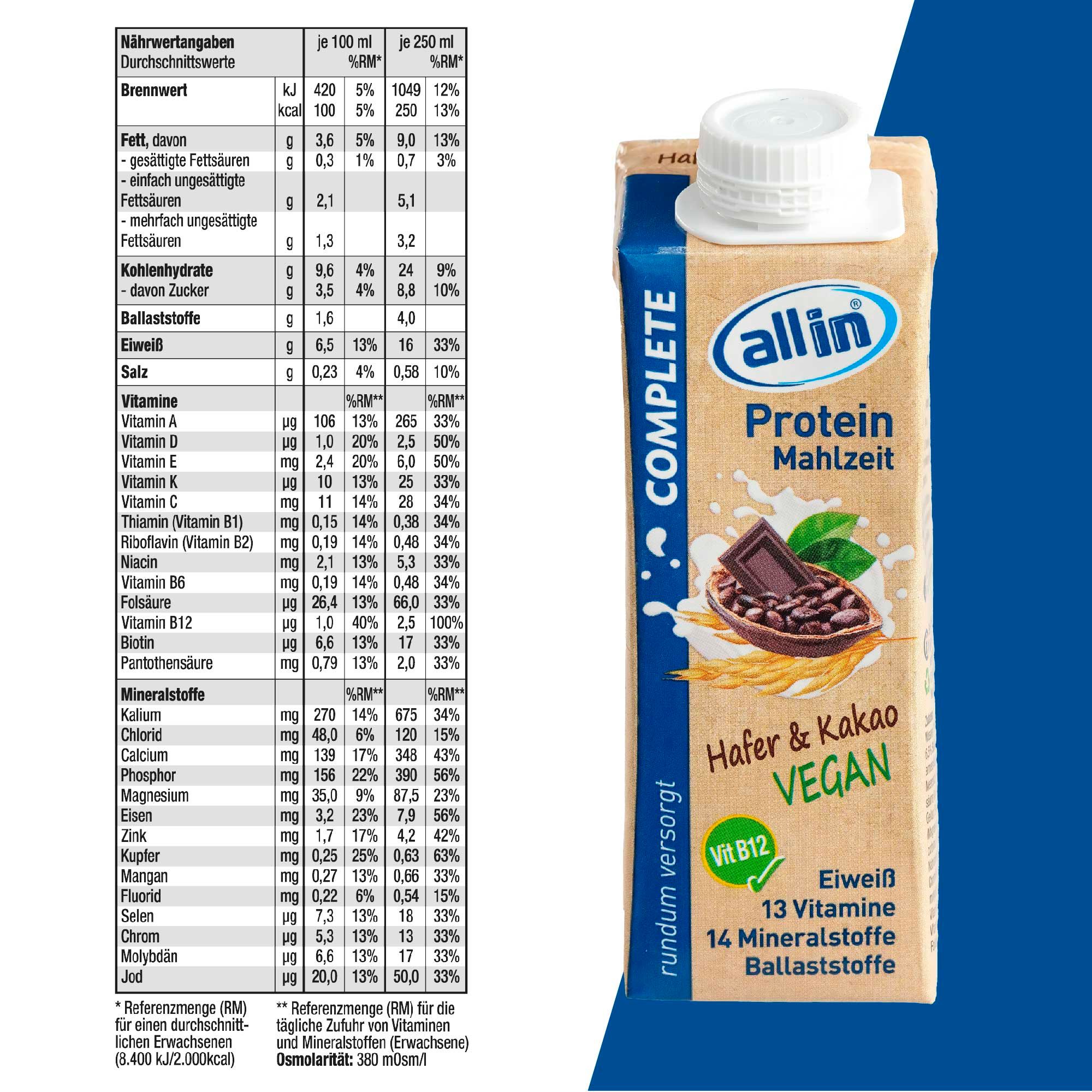 ALLIN COMPLETE Protein Mahlzeit Hafer & Kakao VEGAN, 250 ml.