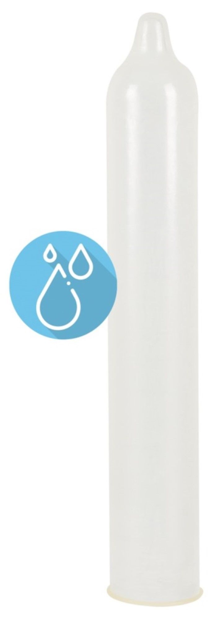 Kondom in weißer Verpackung. Blaues Icon mit Wassertropfen. Gelber Rand.