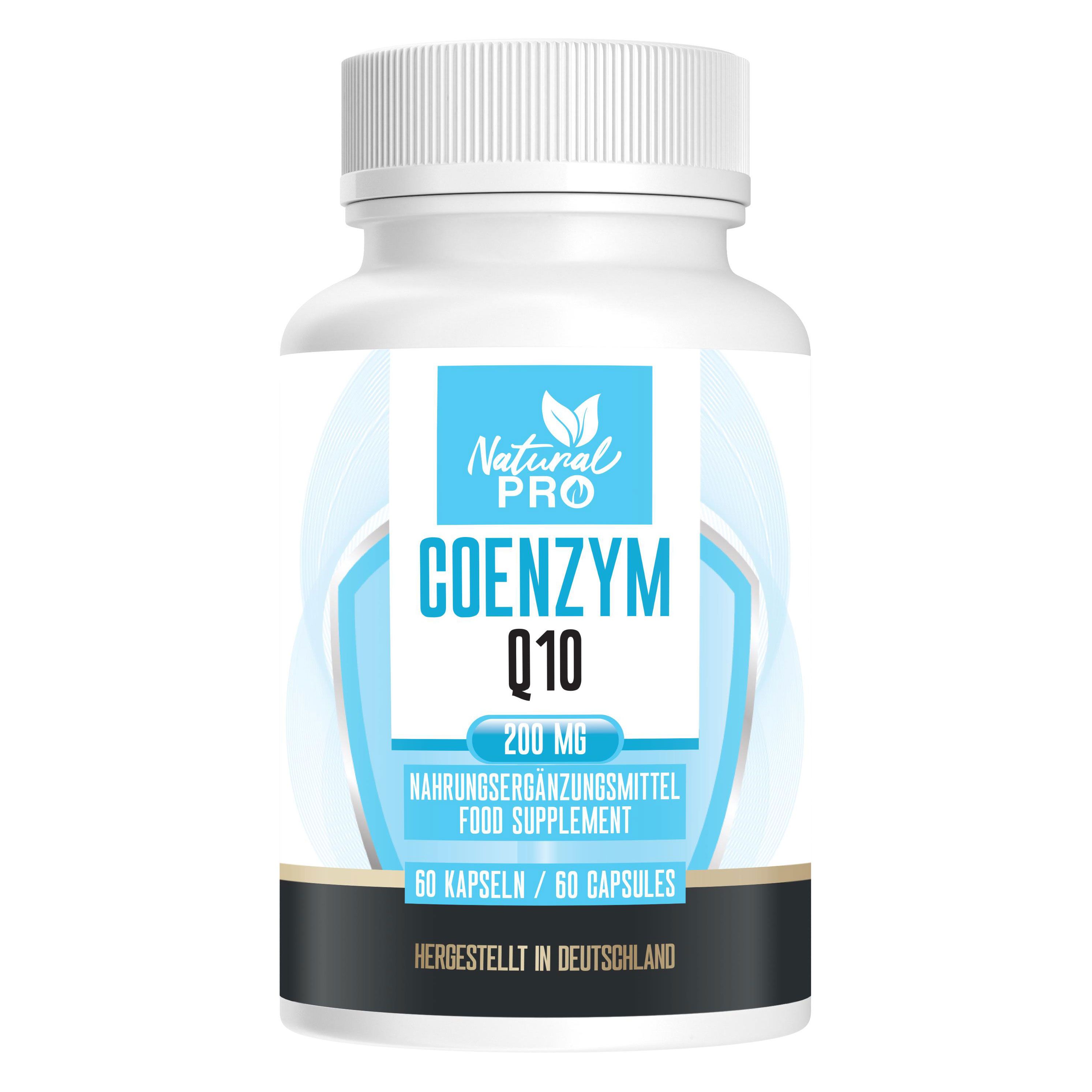 Weiße Flasche mit blauem Etikett. Aufschrift: Natural Pro, Coenzym Q10 200mg. 60 Kapseln. Hergestellt in Deutschland.
