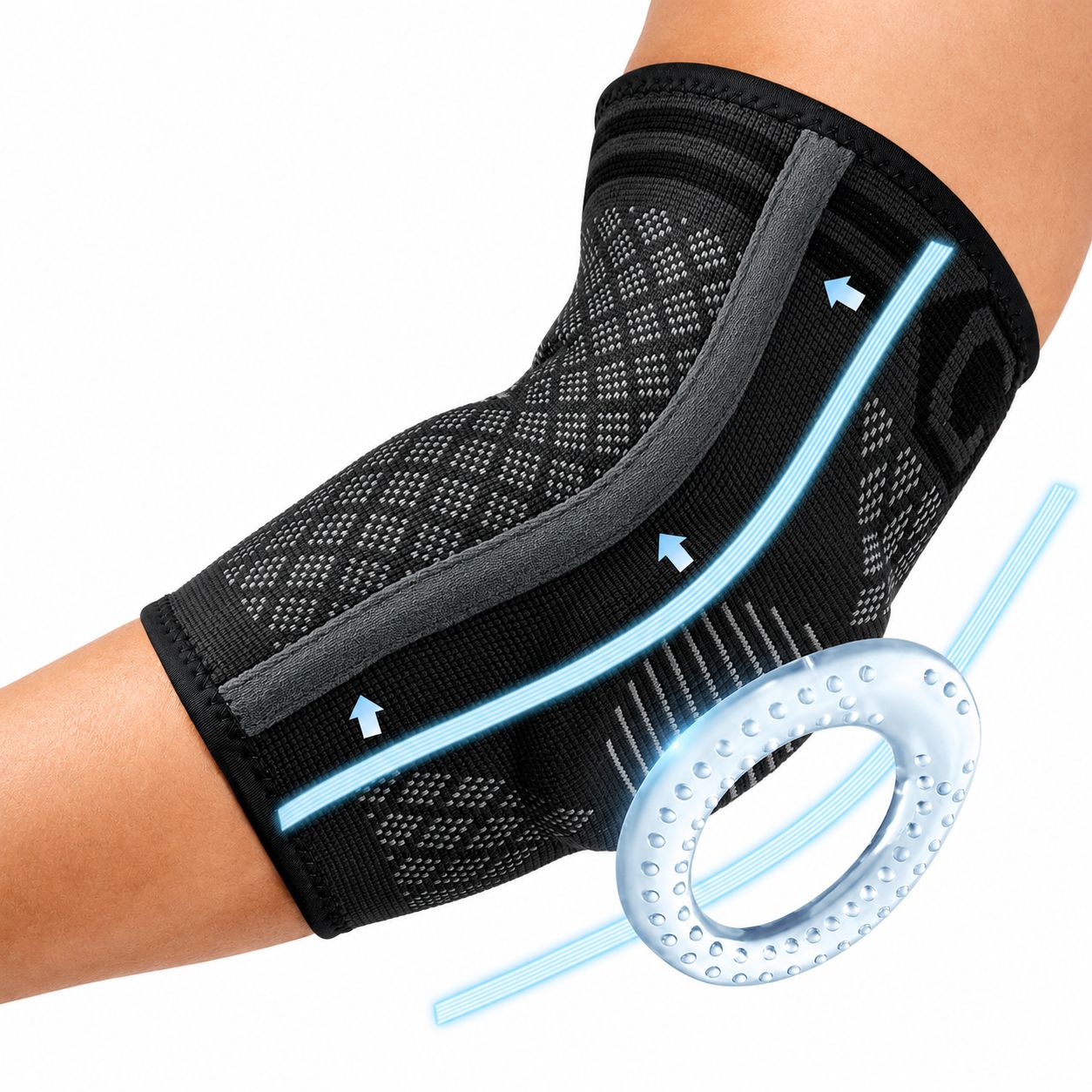 Größenleitfaden für Ellbogenbandagen: S/M (9 cm Breite) und L/XL (12 cm Breite).