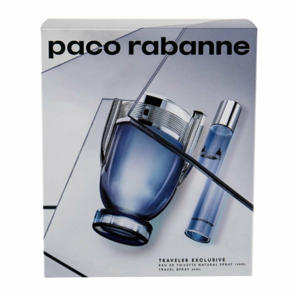 Paco Rabanne Invictus EdT + EdT. Geschenkset mit Flakon und Travel Spray. Verpackung mit Logo und Produktbezeichnung. Hellblauer Hintergrund.