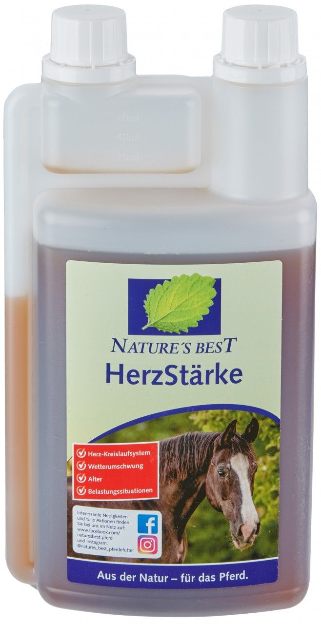 Flasche Nature's Best HerzStärke. Etikett mit Pferd, Logo, Text. Zwei Behälter, weißer Deckel.