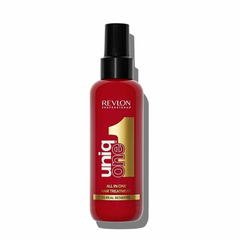 Rote Flasche mit schwarzem Sprühkopf. Aufschrift: Uniq One, All in One Hair Treatment, 10 Real Benefits. Marke: Revlon Professional.