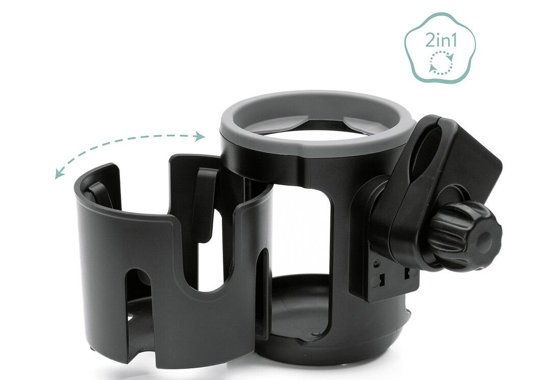 Schwarzer Flaschenhalter mit grauem Rand, teil geöffnet. Kunststoff. Mit 2in1-Symbol.