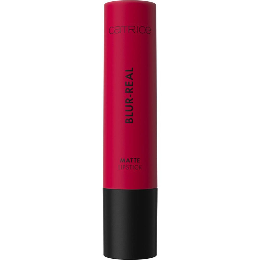 Roter Lippenstift mit schwarzem Boden. Aufschrift: CATRICE, BLUR-REAL, MATTE LIPSTICK.