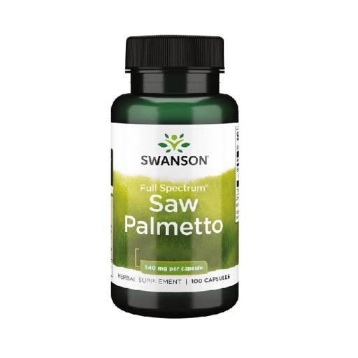 Grüne Flasche mit schwarzem Deckel. Etikett mit "Swanson Saw Palmetto", "540 mg pro Kapsel" und "100 Kapseln".