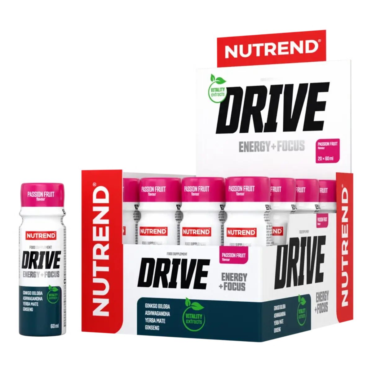 Produktpräsentation von Nutrend Drive Shot. Einzelne Flasche und Karton mit mehreren Shots. Aufschrift 'DRIVE' und 'ENERGY + FOCUS'.