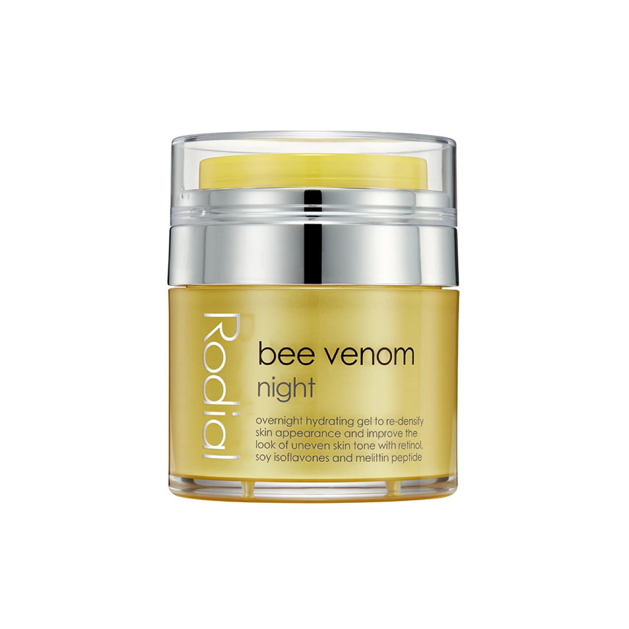 Gelbe Creme in einem Glasbehälter mit silbernem Deckel. Aufschrift: Rodial, Bee Venom Night. Text: Overnight hydrating gel.