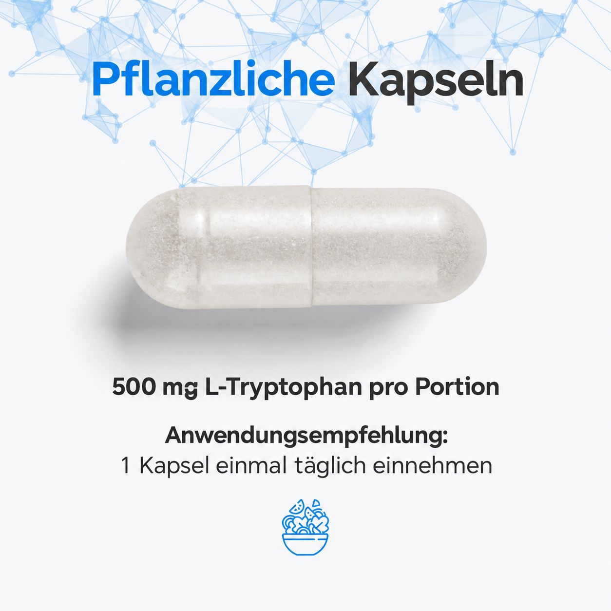 Flasche L-Tryptophan Kapseln, 120 vegane Kapseln, 500 mg pro Kapsel.