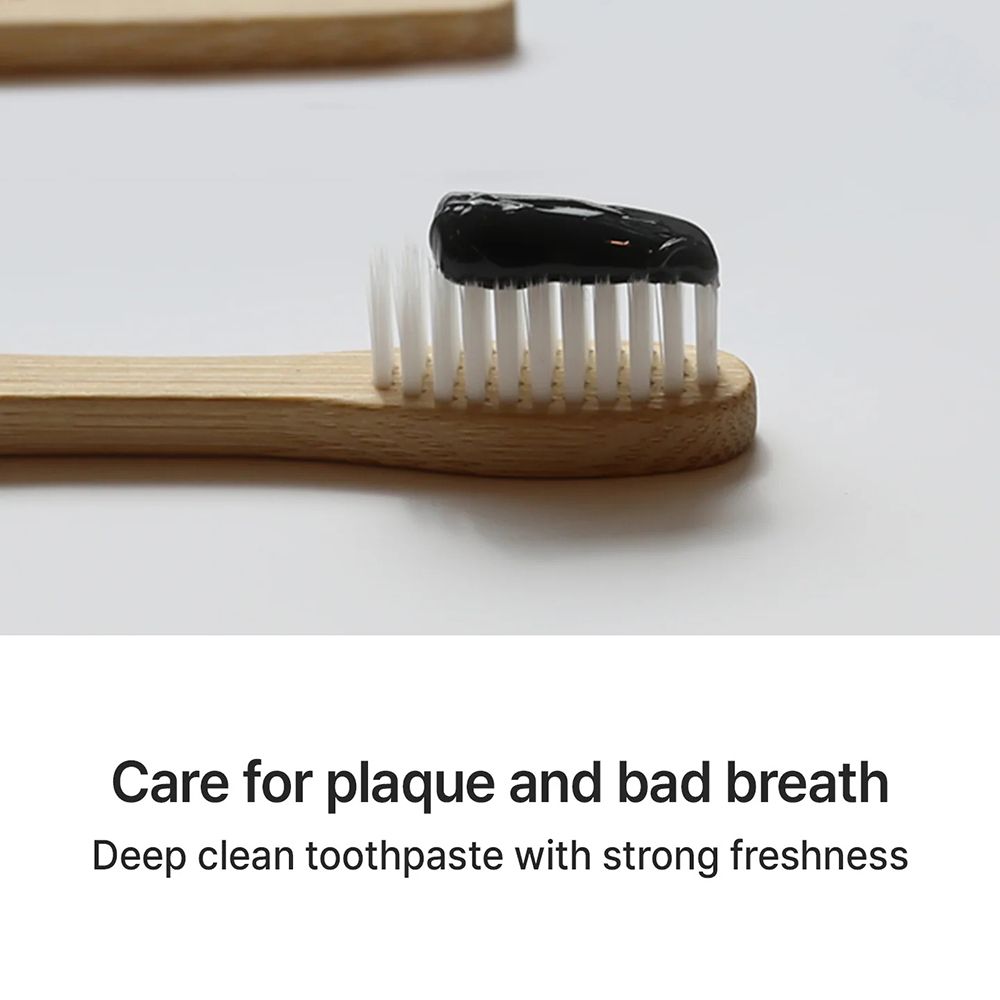 Zahnbürste mit schwarzer Zahnpasta. Text: "Care for plaque and bad breath".