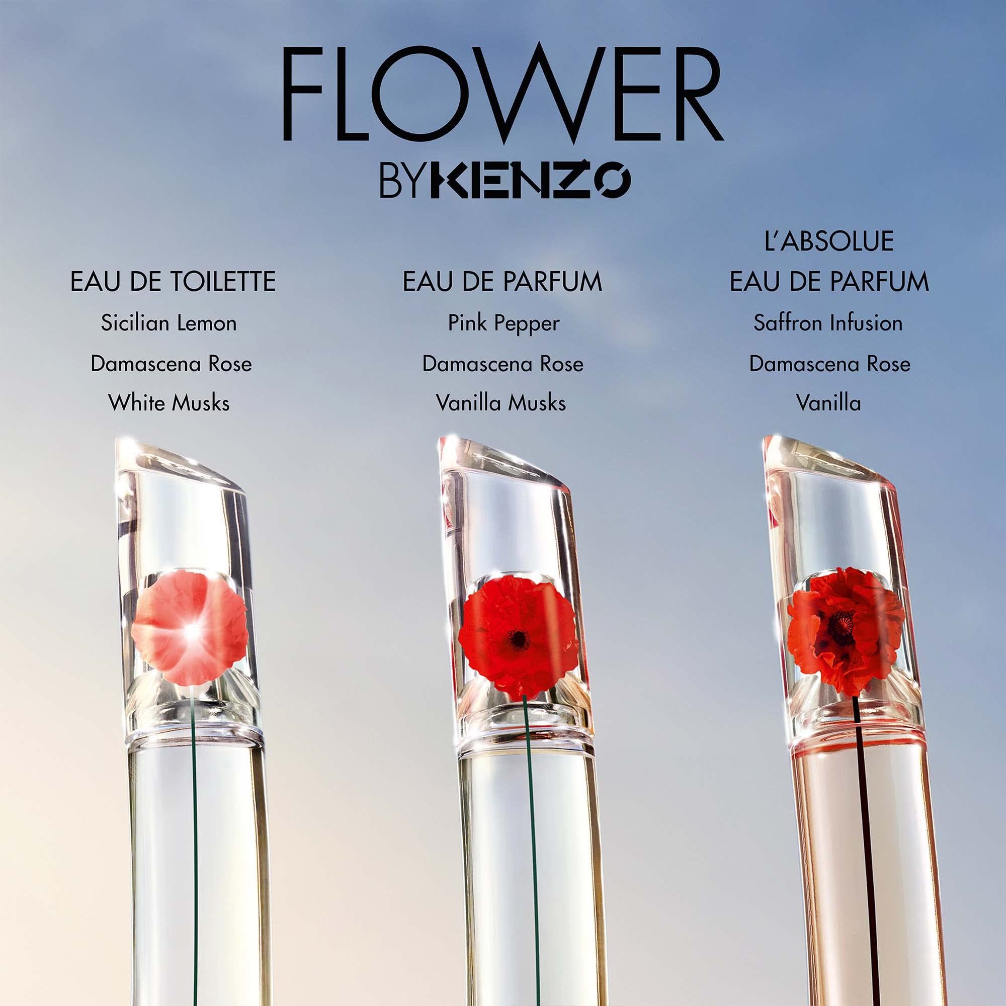Drei KENZO FLOWER Parfümflakons: Eau de Toilette, Eau de Parfum, L'Absolue.