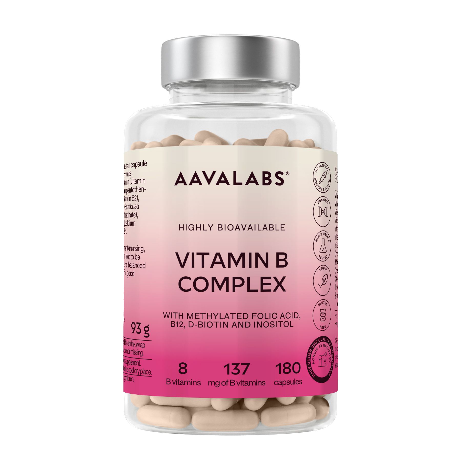 Klare Flasche mit Kapseln. Aufschrift: AAVALABS Vitamin B Complex. Rosa Etikett mit Inhaltsangaben.