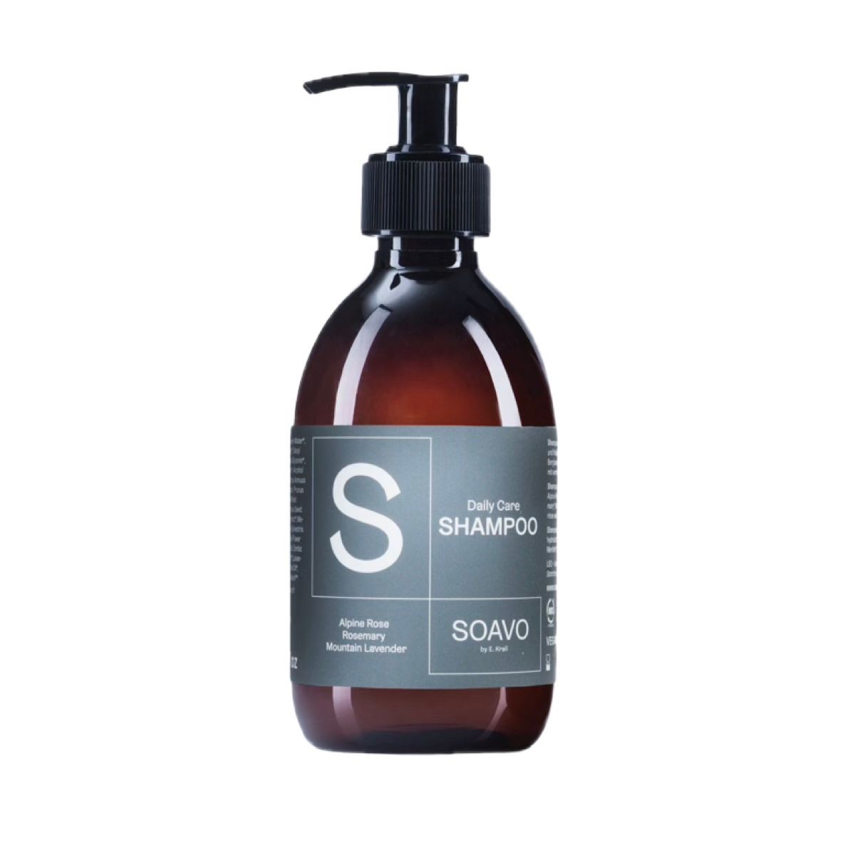 Braune Shampoo-Flasche mit schwarzem Pumpverschluss. Auf dem Etikett steht "Daily Care SHAMPOO" und "SOAVO".