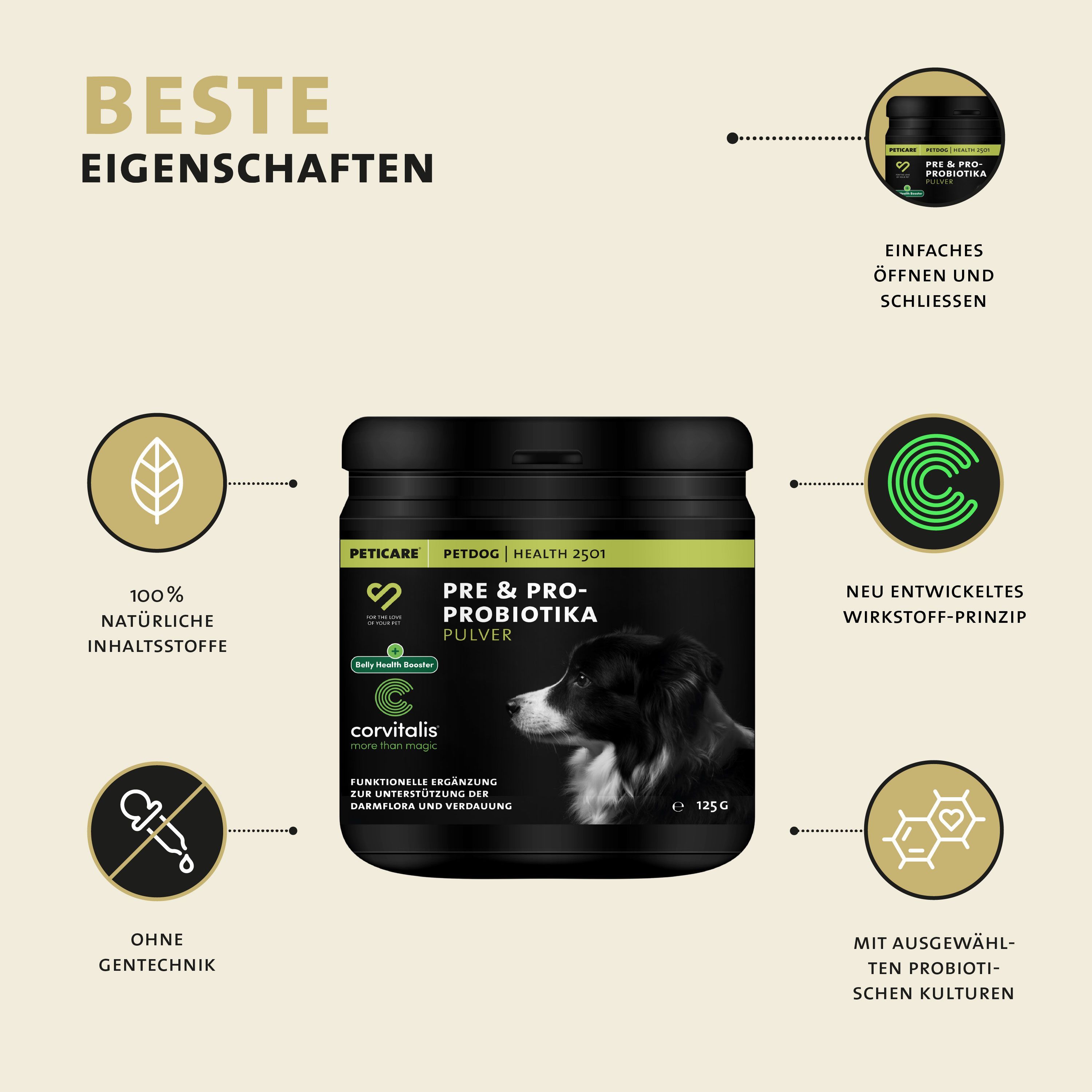 Dose Peticare Petdog Health 2501 Pulver. Text: 100% natürliche Inhaltsstoffe, ohne Gentechnik, einfache Dosierung.