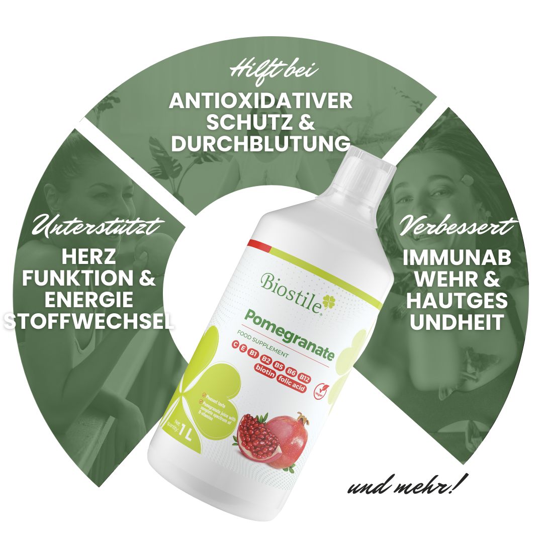 Biostile Granatapfelsaft Flasche mit Icons für Vorteile: Antioxidativ, Herz, Immunsystem.