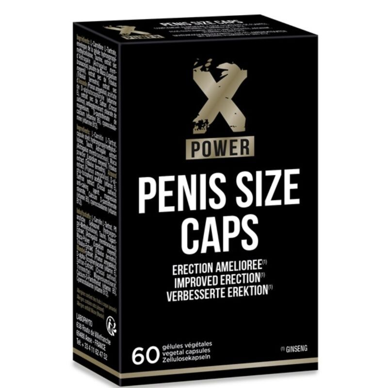 XPOWER Penis Size Caps Verpackung mit 60 vegetarischen Kapseln und Ginseng-Symbol.