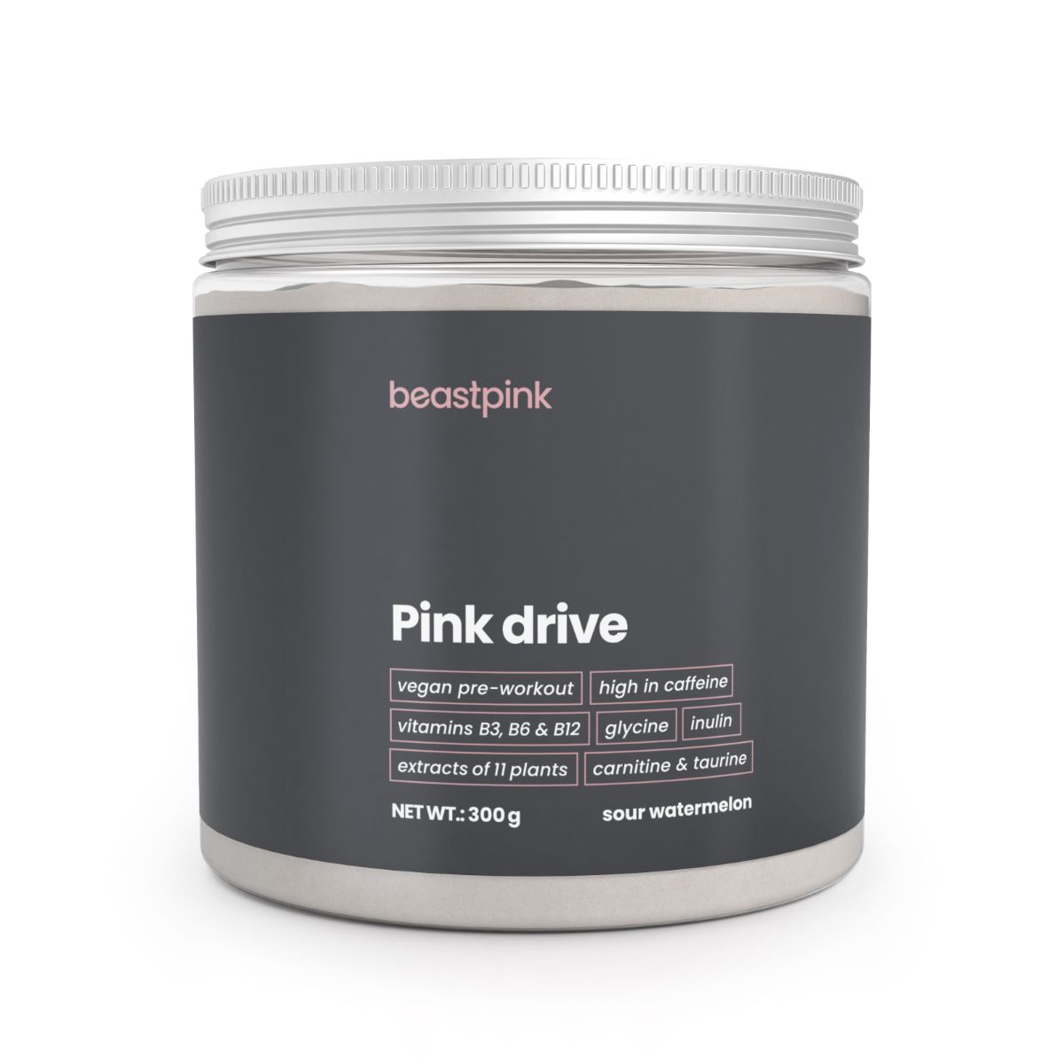GymBeam Pink Drive Pre-Workout Pulver in dunkler Dose mit silbernem Deckel. Enthält 300g.