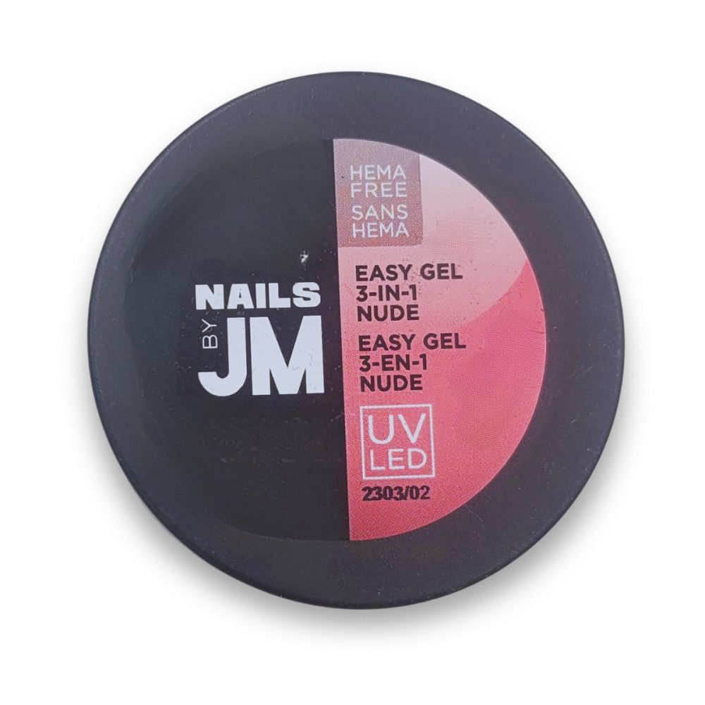 Runde, schwarze Dose mit rosafarbenem Gel. Aufschrift: Nails by JM, Easy Gel 3-in-1 Nude, HEMA Free. UV LED.