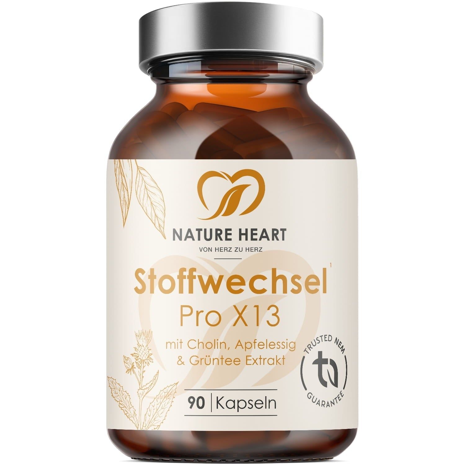 Braune Glasflasche mit Kapseln. Aufschrift: Stoffwechsel Pro X13, 90 Kapseln. Logo: Nature Heart. Siegel: Trusted NEM.