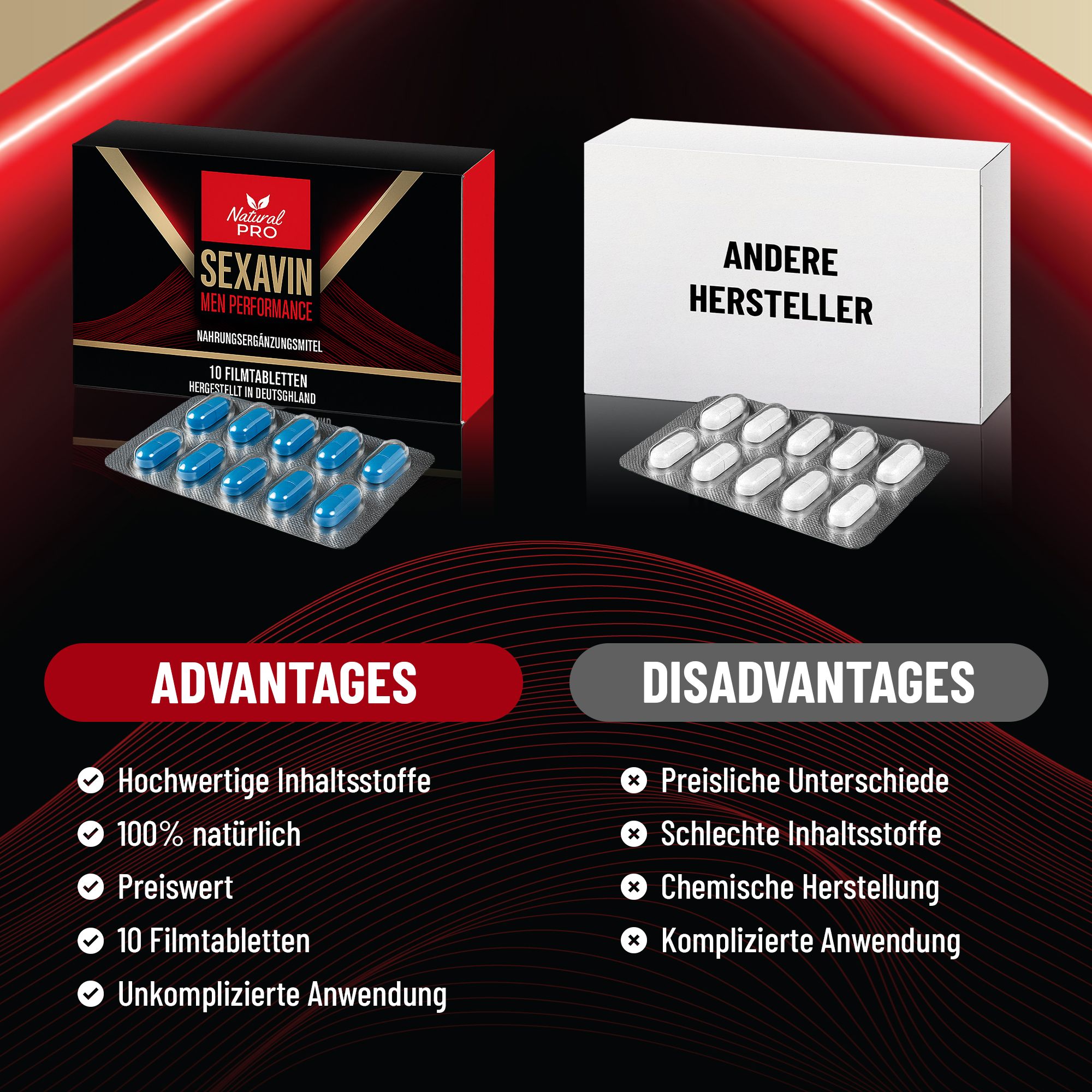 Vergleich: "SEXAVIN" mit Vorteilen, andere Hersteller mit Nachteilen. Tablettenblister und Produktbox.