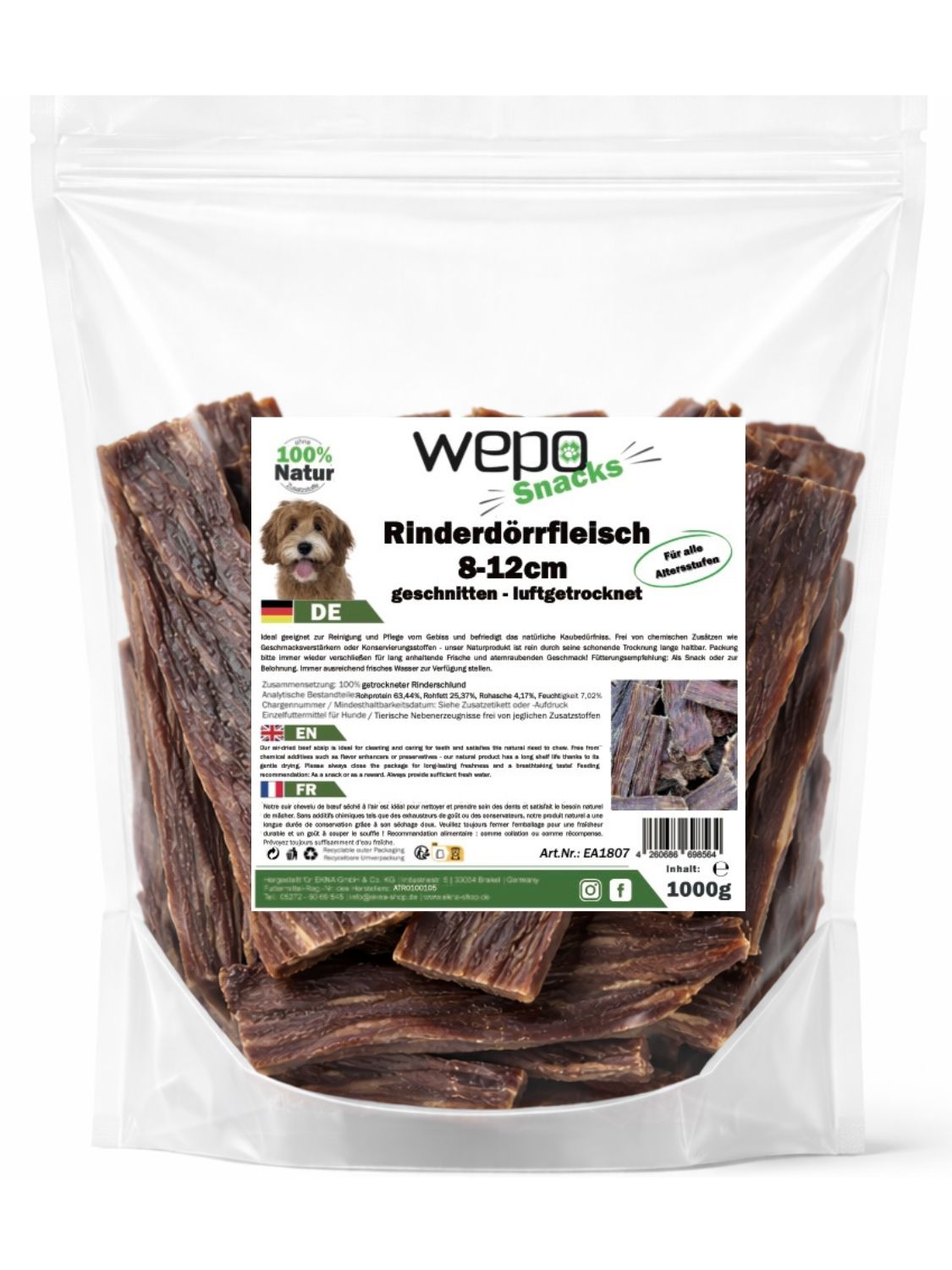 Transparente Verpackung mit getrocknetem Rinderdörrfleisch. Aufdruck: wepo Snacks, 8-12cm, luftgetrocknet. 100% Natur.
