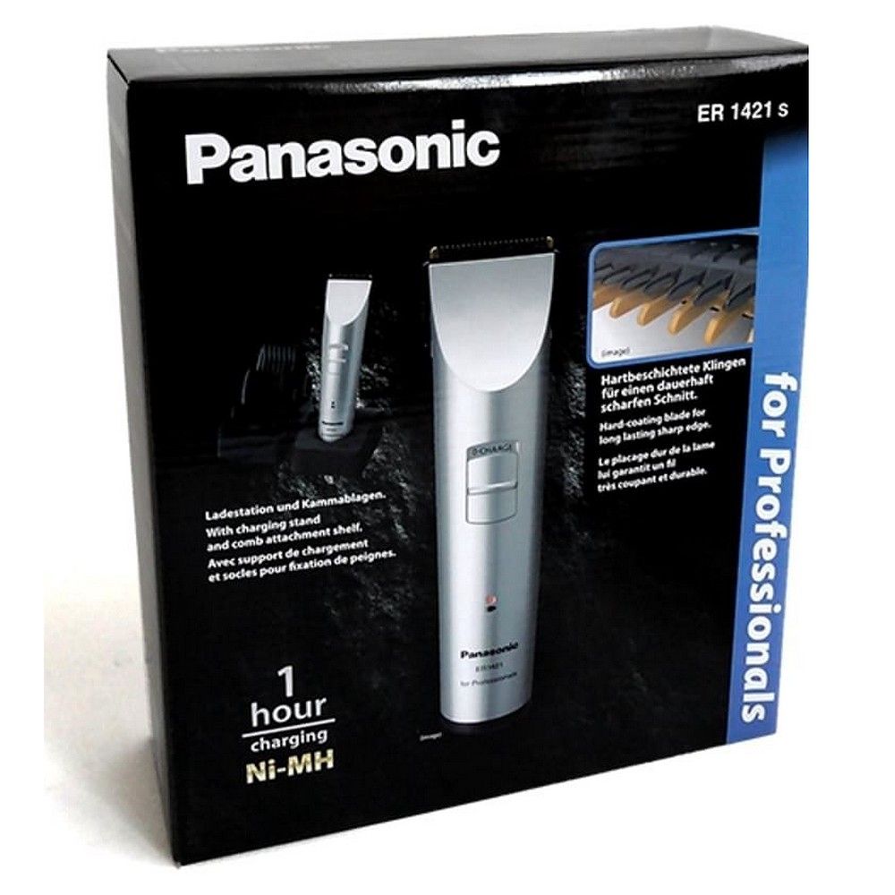 Verpackung des Panasonic Haarschneiders ER-1421 S mit Abbildung und Produktmerkmalen.