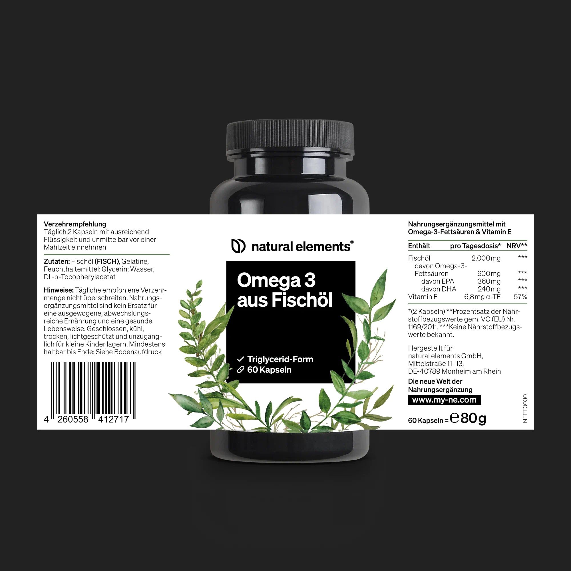 Schwarze Flasche Omega 3 Fischöl Kapseln. Etikett mit Produktinformationen, Blättermotiv. 60 Kapseln, 80g.