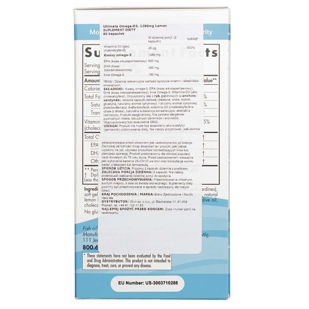Rückseite der Nordic Naturals Ultimate Omega-D3 Verpackung mit Nährwertangaben in mehreren Sprachen.