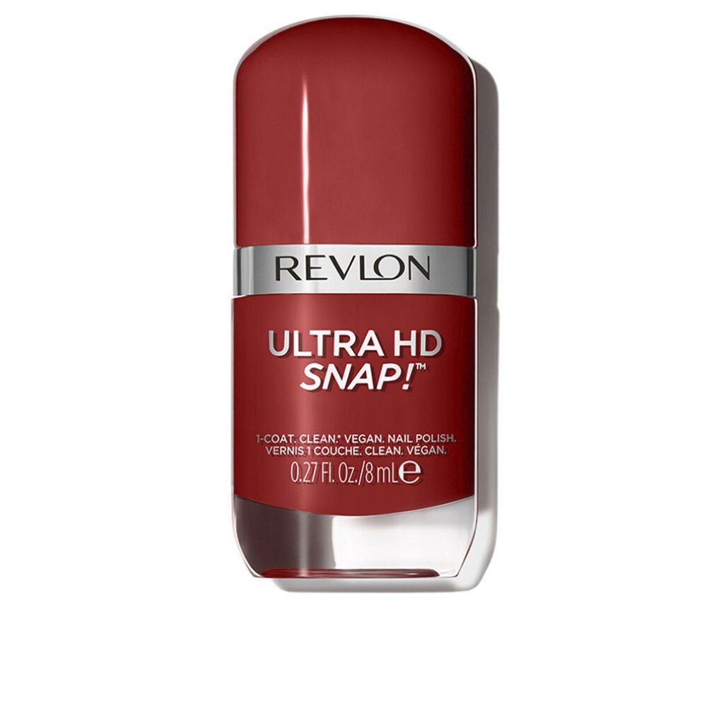 Nagellackflasche, rot. Deckel und Flasche mit silbernem Band. Schriftzug: Revlon, Ultra HD Snap!, 0.27 Fl. Oz./8 mL.