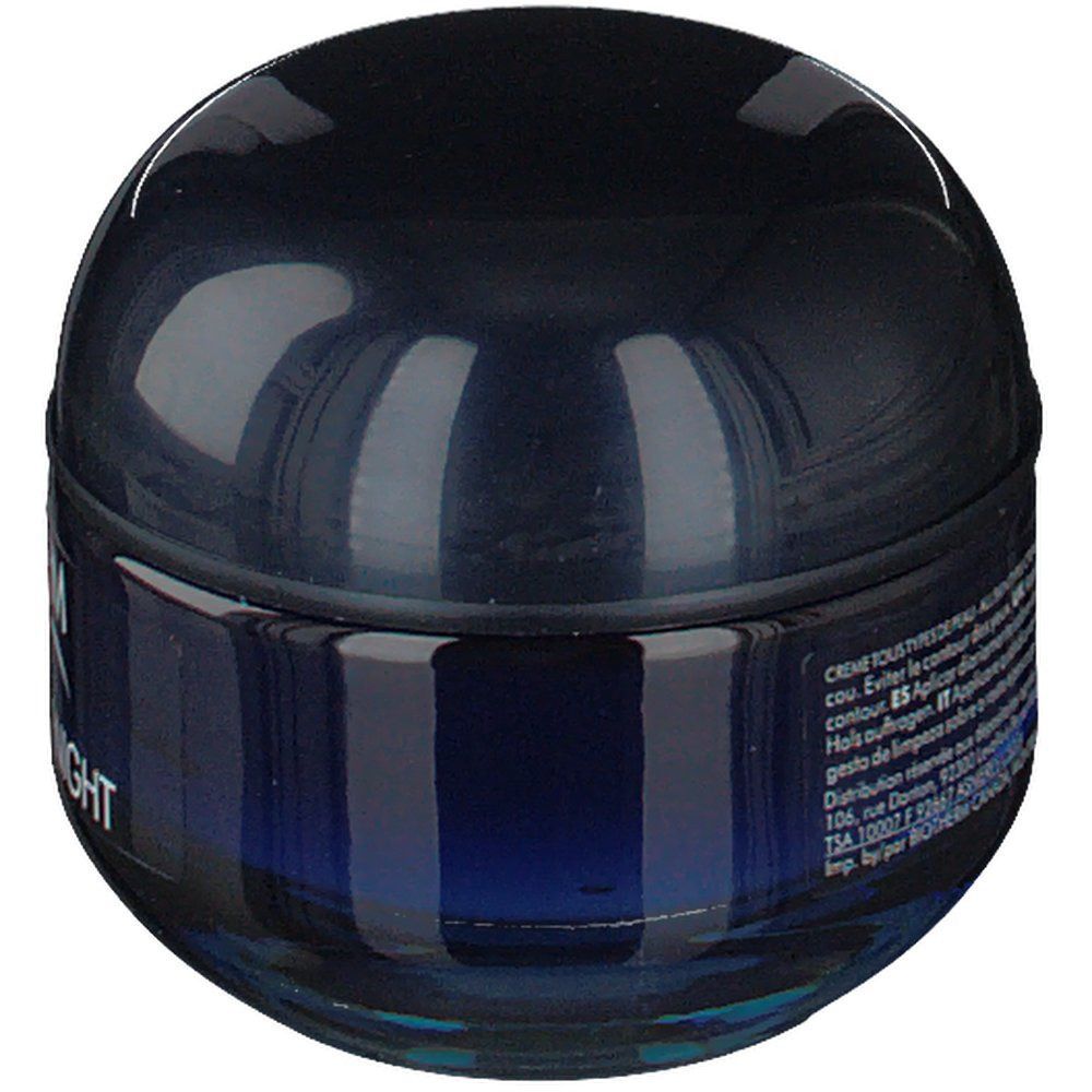 Blau-schwarzer Tiegel. Aufschrift: BIOTHERM BLUE THERAPY Night. Runde Form, Deckel und Tiegel aus Glas.