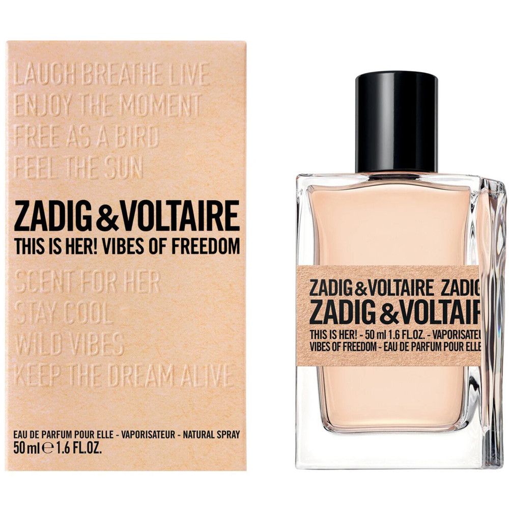 Parfümflasche und Verpackung von Zadig & Voltaire. Eckige Form, hellbraune Flüssigkeit, schwarzer Verschluss.