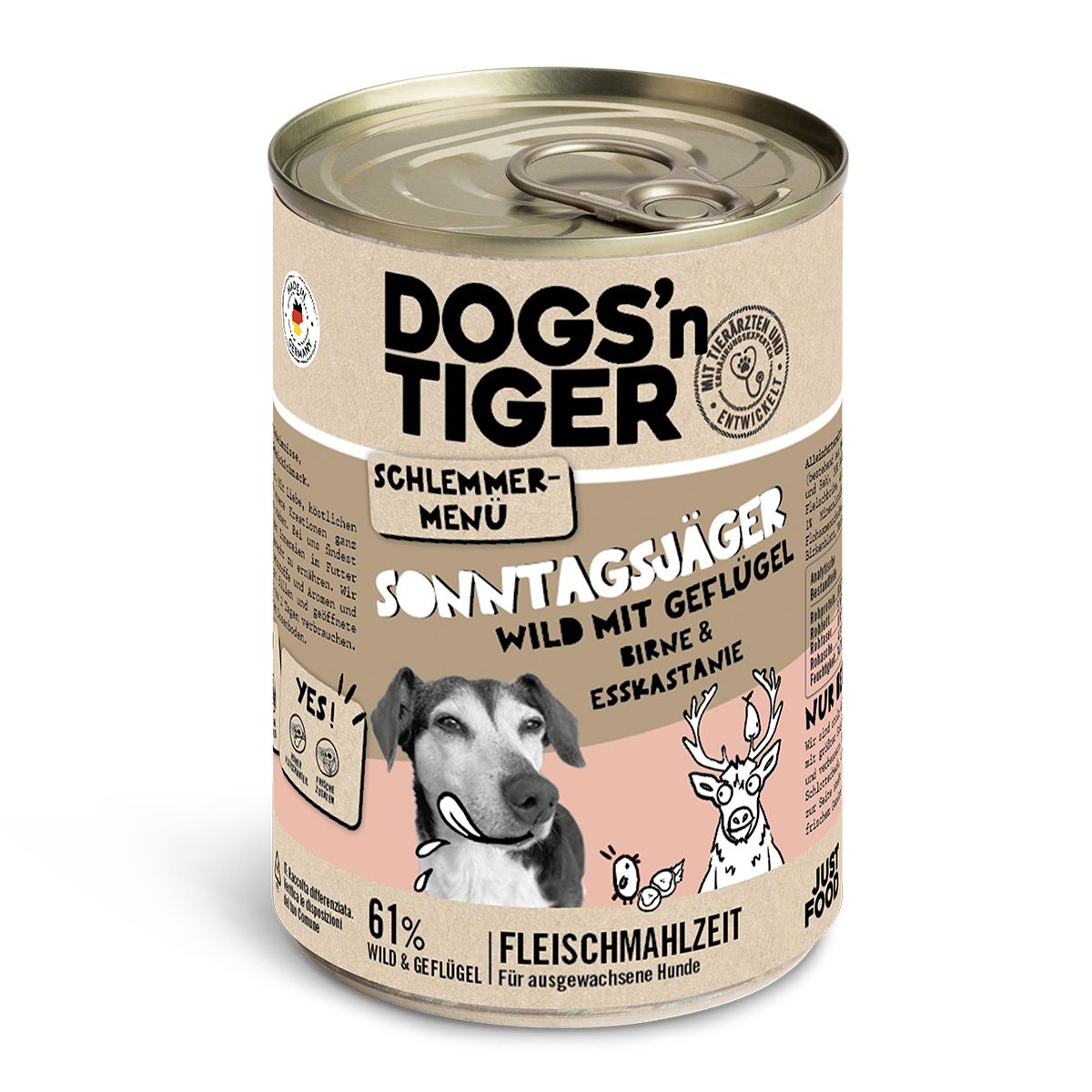 Hunde Nassfutter Dose. Aufschrift: Dogs'n Tiger, Sonntagsjäger, Wild mit Geflügel, Birne & Esskastanie. 61% Fleischmahlzeit. Mit Logo und Qualitätssiegel.