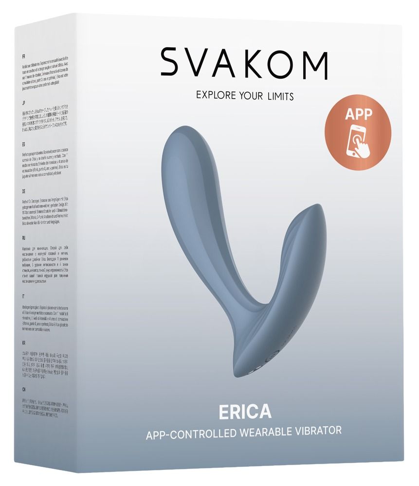 Verpackung für ein staubblaues Wellness-Produkt. Marke: SVAKOM. Text: ERICA, APP-gesteuerter Wearable Vibrator.