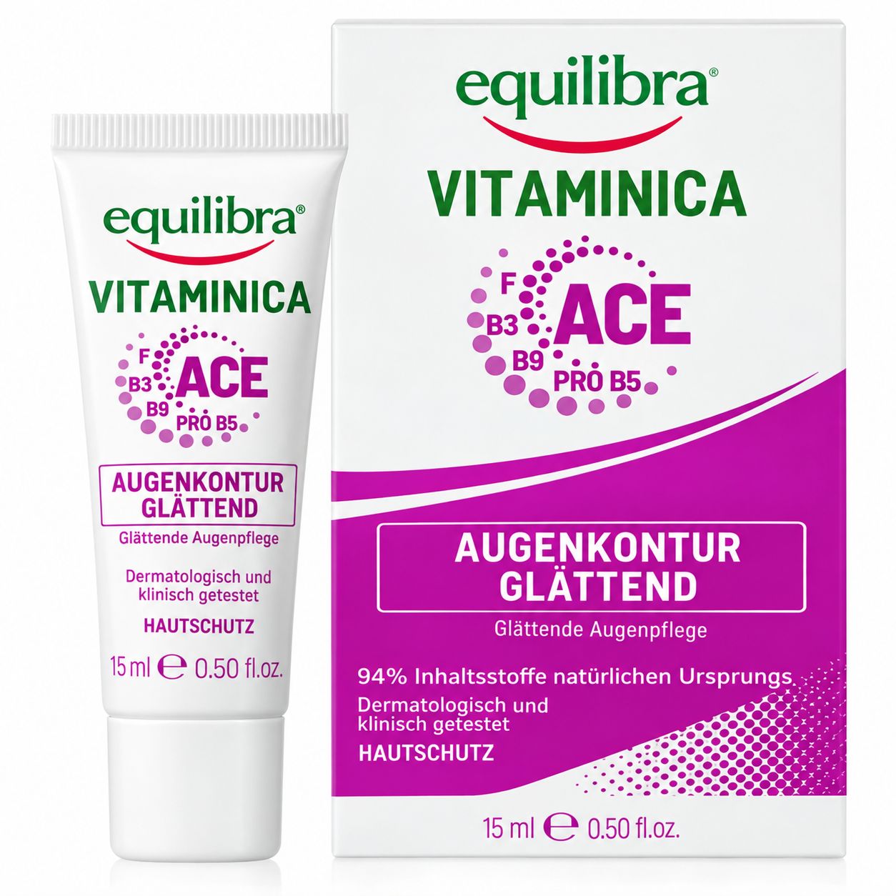 Equilibra Vitaminica Augencreme, 15ml Tube und Faltschachtel.