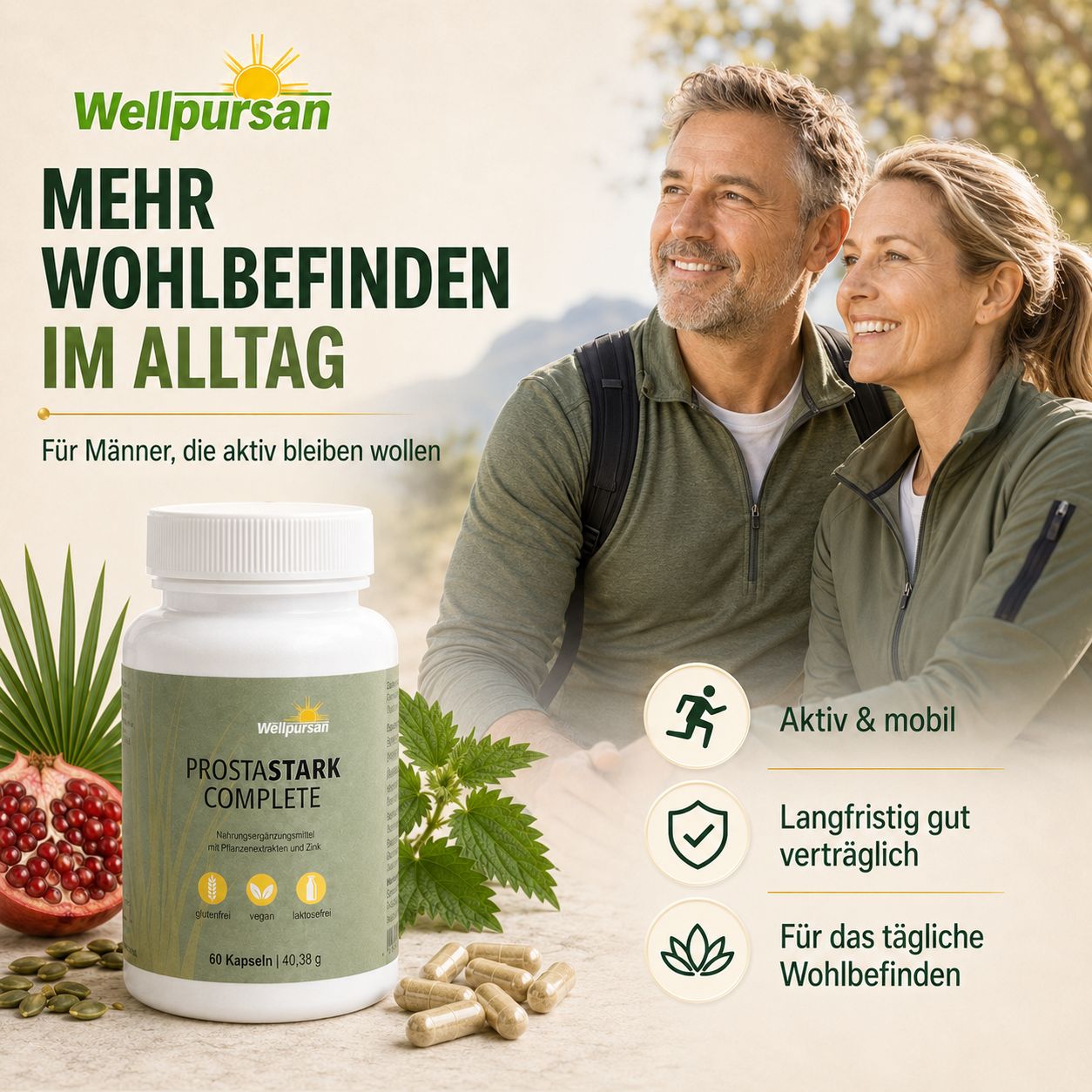 Paar in der Natur mit Wellpursan Prostastark Complete Dose, für mehr Wohlbefinden im Alltag.